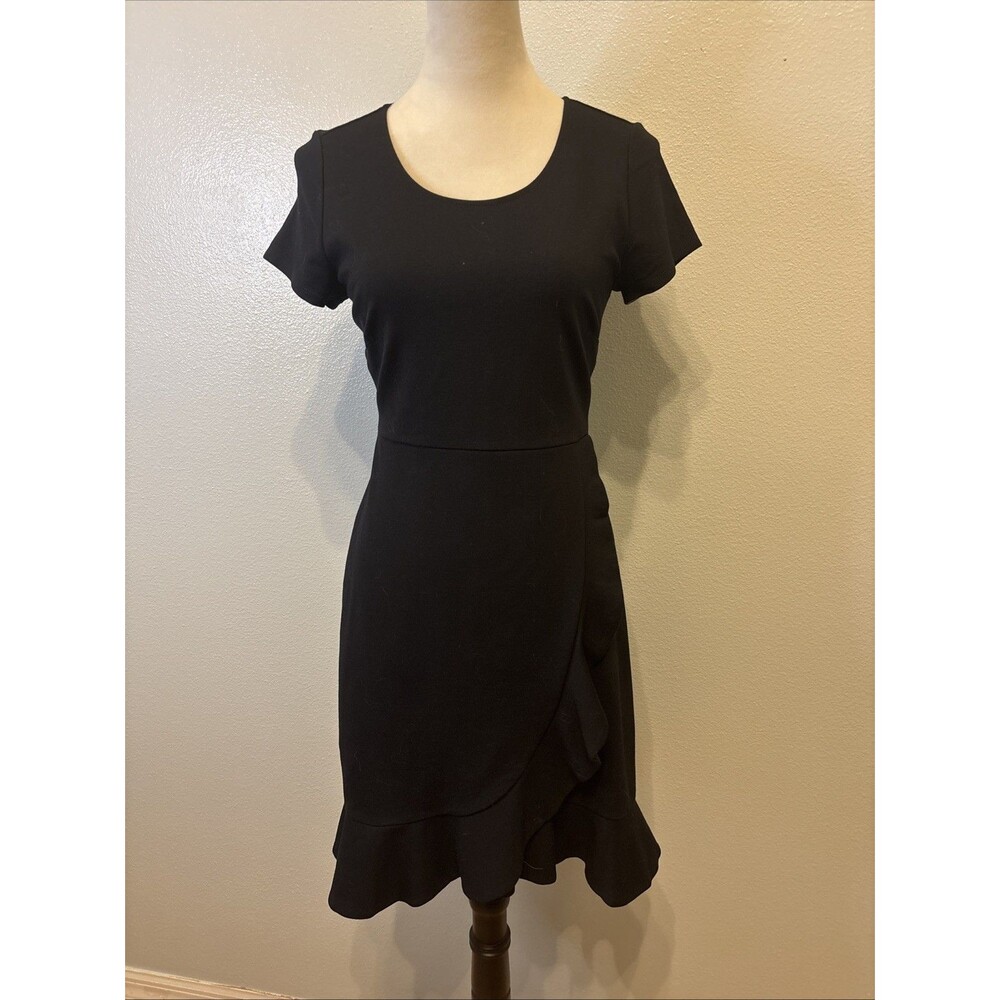 Lark & Ro Womens Black A-Line Midi Dress Size 4 Short Sleeve Ruffle Hem Zip